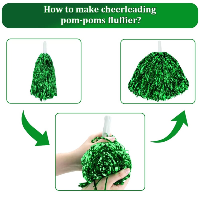 CUGBO 24Pcs Cheerleading Pom Poms, 1 Dozen Handle Metallic Foil Flower Ribbons Cheerleader Pompoms, Kids Children Ball Dance Sports Coaches Game Party Fancy (Green) - Image 4